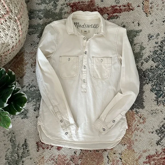 Madewell Denim Shirt Women’s Size XS Long Sleeve Popover Shirt Off-White Western - Picture 3 of 16